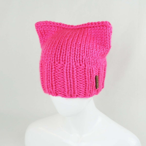 Chunky Pussyhat - Knit Cat Ears Hat - Cat Lover Gift - Fun Hand Knitted Beanie - ready to ship.