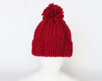 Slouchy Chunky Knit Hat with Pom Pom - Red Hand Knitted Beanie - Women, Men, Unisex Hat - ready to ship.