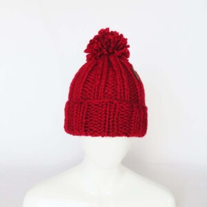 Slouchy Chunky Knit Hat with Pom Pom - Red Hand Knitted Beanie - Women, Men, Unisex Hat - ready to ship.