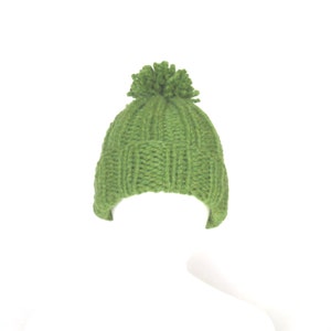 Green Pom Pom Beanie Hat - Hand Knitted Slouchy Hat, Women, Men, Unisex Chunky Hat - ready to ship.