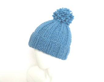 Blue Slouchy Beanie Hat - Hand Knitted Hat with Pom Pom, Women Beanie, Mens Hat - ready to ship.