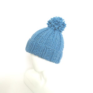 Blue Slouchy Beanie Hat - Hand Knitted Hat with Pom Pom, Women Beanie, Mens Hat - ready to ship.