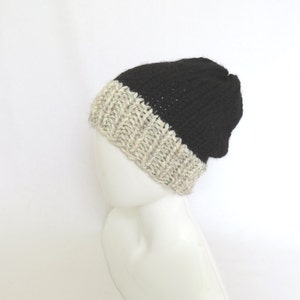 Knit Slouchy Two-Tone Hat - Black Hand Knitted Beanie, Men/Women/Unisex Beanie - ready to ship.