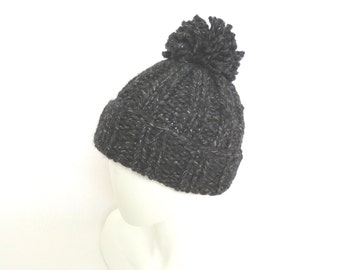 Gray Knit Beanie Hat with Pom Pom - Hand Knitted Slouchy Hat - ready to ship.