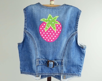 Girl Denim Vest, Restyled Girl Denim Jacket, Bling Strawberry, Toddler Denim Jacket with Swarovski Crystals, Reworked Denim.  #399