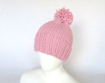 Pink Knit Hat with Pom Pom - Chunky Hand Knitted Women Pink Beanie - ready to ship.