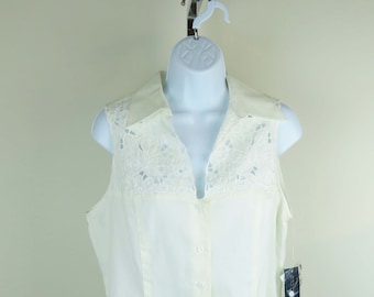Sleveless White Blouse with Lace by Jones New York - Designer Vintage Top, White Cotton.