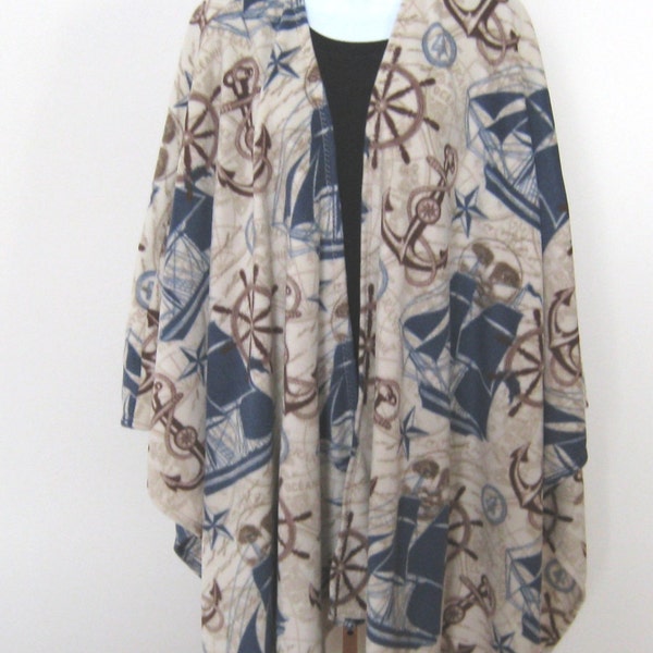 Fleece Cape Poncho - Nautical Themed Large Shawl, Ruana, Shrug, Baby Wearing Wrap - One Size Fits Most.