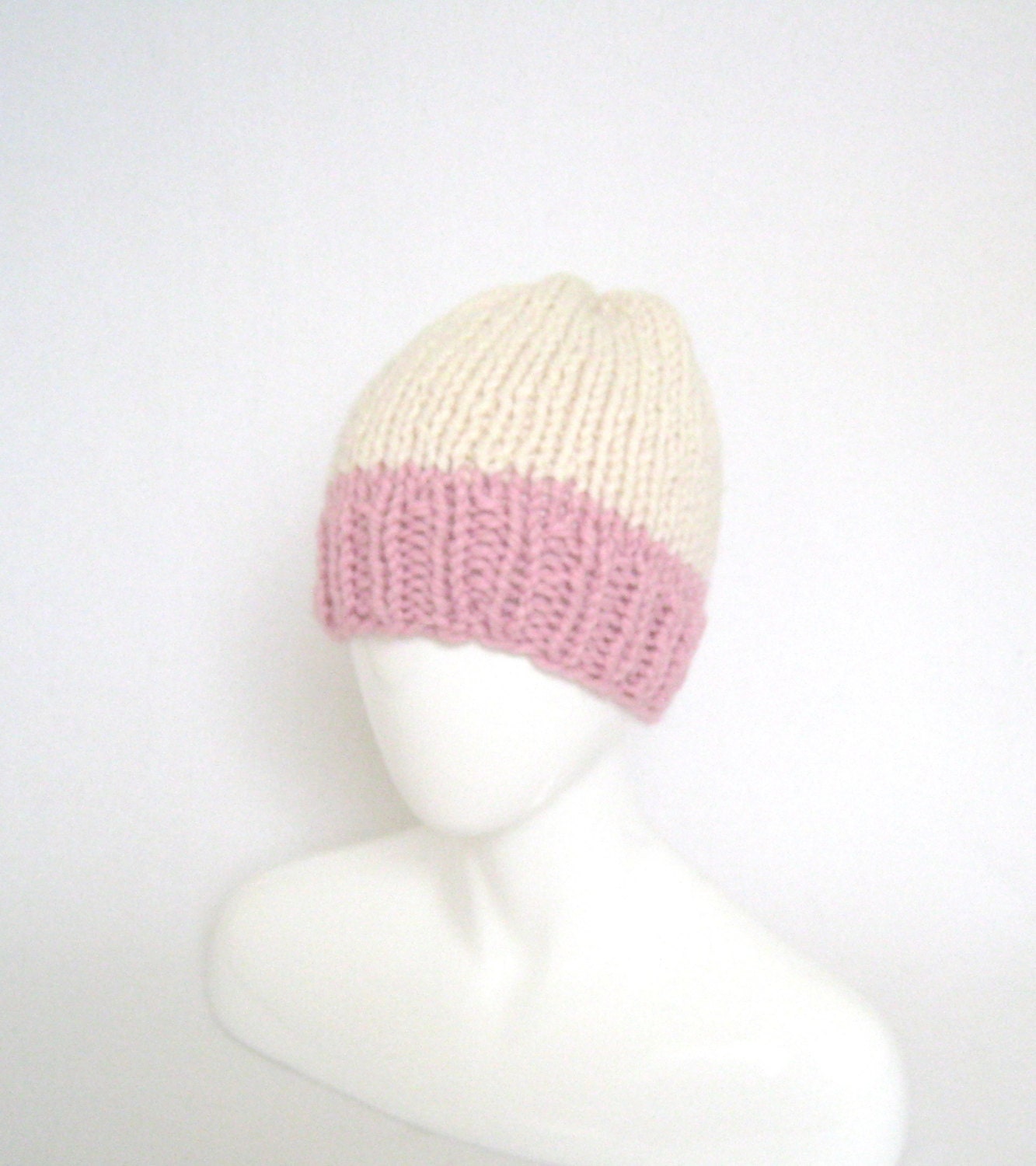 Hand Knit Beanie Style Hat, Pink, White Pom with Pink tips, Artisan Yarn Queen Knit Cashmere Beanie Hat with Finn Raccoon Pom Pom in  main image 4