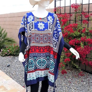 Boho Tunic Poncho Style Top - Beach Cover Up - Blue Caftan Style - Swimsuit Coverup - one size (small/medium to plus size)