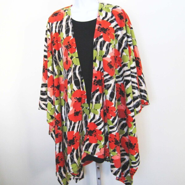 Fleece Ruana Shawl Wrap Open Front Poncho Cape Jacket Baby Wearing Wrap Red Floral and Zebra Print - One Size Fits Most.