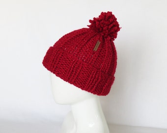 Pom Pom Knit Hat - Hand Knitted Slouchy Hat, Women Beanie Hat - ready to ship.
