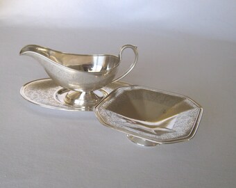 EPNS Silver Plate Set - Silverplate Gravy Boat with Undertray and Square Footed Serving Bowl, Serveware, Dinnerware