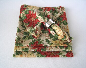 XL Christmas Cloth Dinner Napkins, Reusable Christmas Cotton Napkins, Poinsettias Fabric Napkins, Holiday Table Linens, Set of 4 Napkins