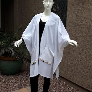 White Cotton Gauze Swimsuit Coverup with Pom Pom.  Pareo Beach Kimono.  Summer Cape Tunic.  One size.  Oversized.