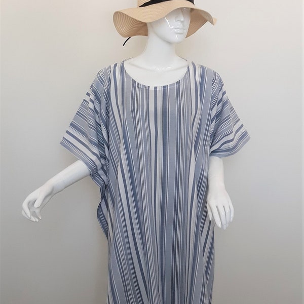 Cotton Summer Tunic - Blue and White Caftan Style Tunic - Poncho Style Top -  Beach Cover Up - one size (small/medium to plus size)