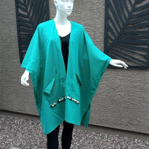 Cotton Gauze Swimsuit Coverup with Pom Pom.  Bikini Cover-Up Caftan.  Pareo Beach Kimono.  Summer Cape Tunic.  One Size.  Oversized.