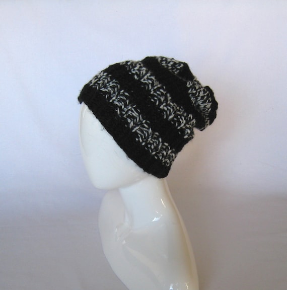 Mens Hand Knit Hat - Black and White Hand Knitted Beanie Mens Hand Knit Hat - Black and White Hand Knitted Beanie