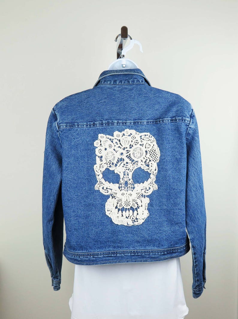 Retro Look. Recycled OOAK Biker Jean Jacket Boho Jeans Upcycled Denim Jacket with Lace Skull
