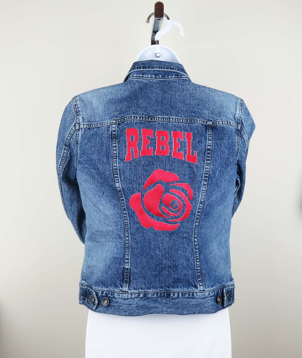 Rebel Upcycled Denim Jacket With Embroidered Red Rose, Restyled