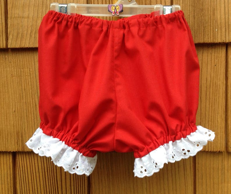 ruffled eyelet trim Girls Red Bloomers Custom Fit Available Ready-to-Ship Size 2T Easy Wash and Wear