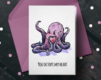 Cute Valentines Couples Card "You Octopi my Heart" - Anniversary Gift for Wife Husband, Cute Love Greeting Card, Funny Love Card, Wedding
