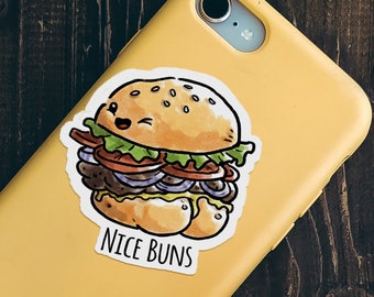 Cheeky Lewd Burger Sticker "Nice Buns" - Punny Sticker for Phone, Notebook, Journal, Water Bottle, Travel Mug, Laptop, Stationary, Food