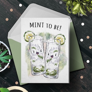 Jolie carte de mariage cocktail - « Mint to Be » - Parfaite pour les amateurs de cocktails, les mariés, les cartes d'anniversaire, les cartes-cadeaux pour mariage