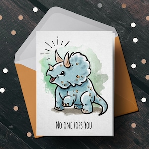 Carte de Saint-Valentin dinosaure tricératops « No One Tops » - couple amour carte, carte de fiançailles, école Saint-Valentin, carte d'anniversaire, calembour, jeu de mots, mignon