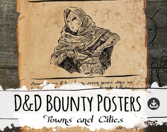 May include: A vintage-style wanted poster with a hand-drawn illustration of a masked figure holding a dagger. The poster reads "BOUNTY Masked Killer, 150gp".