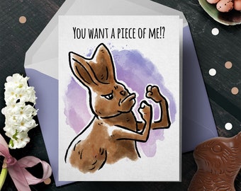 Carte de Pâques drôle « Vous voulez un morceau de moi ! ? - Joyeuses Pâques, carte de jeu de mots de Pâques drôle, carte drôle, joyeuses Pâques, carte de blague combat de lapin de Pâques