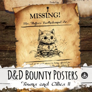 Puede incluir: Un cartel de búsqueda de estilo vintage con un fondo marrón descolorido. El cartel presenta una ilustración en blanco y negro de un gatito rayado con collar y etiqueta. El texto en el cartel dice "MISSING! Mr. Huffers Barthalamuel Sr."