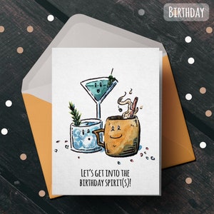 Esprit(s) d'anniversaire - Carte d'anniversaire, Carte de couple, Amusante, Chiot, Jeu de mots, Mignon, Carte d'alcool, Boire, Fête, Carte de cocktail