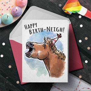 Carte d'anniversaire drôle de jeu de mots de cheval - « Happy Birth-neigh » - parfaite pour les filles de cheval, les fermiers et la carte d'anniversaire pour un ami