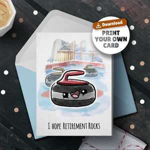 Carte de retraite amusante de curling (téléchargement) « Retirement Rocks » - Carte de retraite grand-parent collègue, carte de retraite du sport de curling canadien