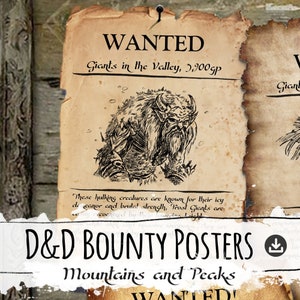 May include: A vintage-style wanted poster with a drawing of a Frost Giant, a mythical creature from Dungeons and Dragons. The poster is titled "WANTED" and offers a reward of 5,900 gold pieces for the capture of the giant. The text reads "Giants in the Valley, 5,900gp. These hulking creatures are known for their icy demeanor and brute strength. Frost Giants are easily recognized by their towering height, thick skin and massive weapons. They are often found in mountainous regions."