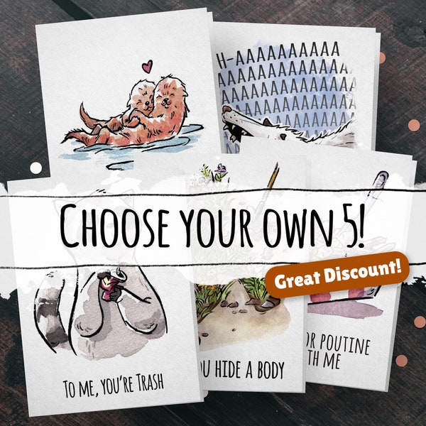 Choose Your Own: 5 Card Bundle Pack - Greeting, Birthday, Couple, Engagement, Wedding, Christmas, Funny, Punny, Pun, Cute, Valentine's Card