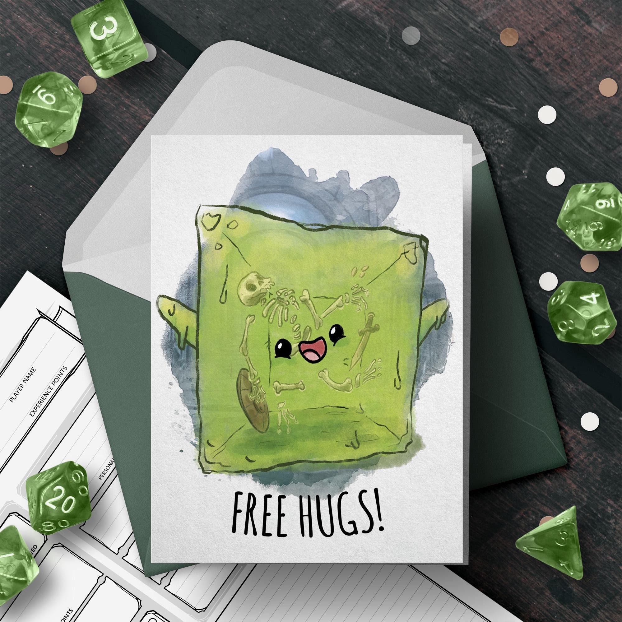 D&D Card "Free Hugs" Gelatinous Cube Dungeons and Dragons Card – Nerdy Friend Gift, RPG Players, DnD Valentine or Birthday Card for Nerds