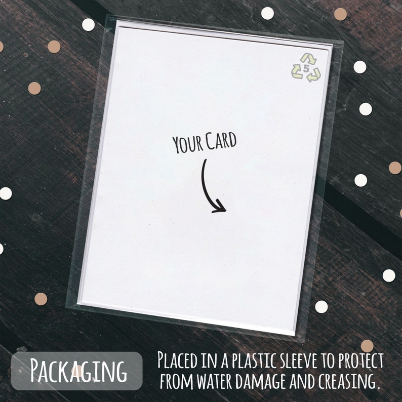 May include: A white card with the text "YOUR CARD" and an arrow pointing to the left. The card is placed in a clear plastic sleeve to protect it from water damage and creasing. The text "PACKAGING" is printed below the card.