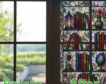 Dark Academia Stained Glass Bookshelf Window Privacy Film - Vintage Library Stained Glass Decal - Non-Adhesive Static Cling for Home & Offic