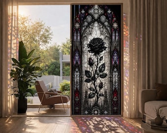 Gothic Black Rose Window Film – Dark Floral Stained Glass Static Cling Privacy (90x200cm)