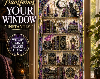 Witchy Stained Glass Window Film – Black Cat Bookshelf Privacy Cling – Gothic Magic Decor – Crystal Shelf Window Decal – UV Light Catcher