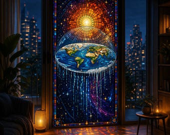 Flat Earth Cosmic Sun Stained Glass Window Film | Gothic Space Art Cling (Removable)