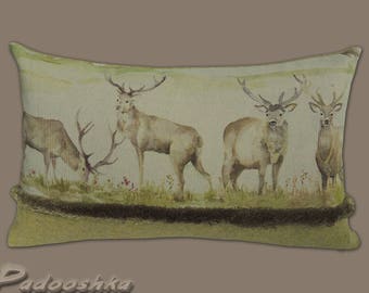 Plaid tartan wool Scottish cushion Farmhouse Easter Watercolor Deer Pillow