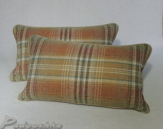 Rectangular Burnt Orange Plaid Pillow Cover Scottish Tartan Wool