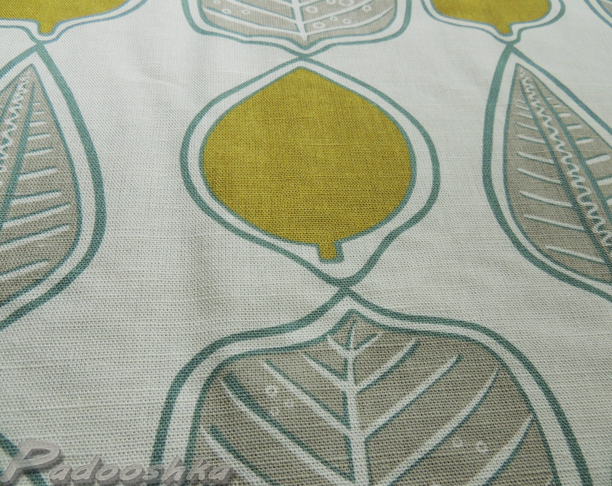 Olive Green Linen Fabric Remnant Laura Ashley Leafy Geometrical Print