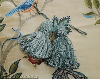 Blue cotton key tassels Upholstery trimming Multicolor tassels Pillow embellishment Pair of rustic tassels for furniture Vintage home decor