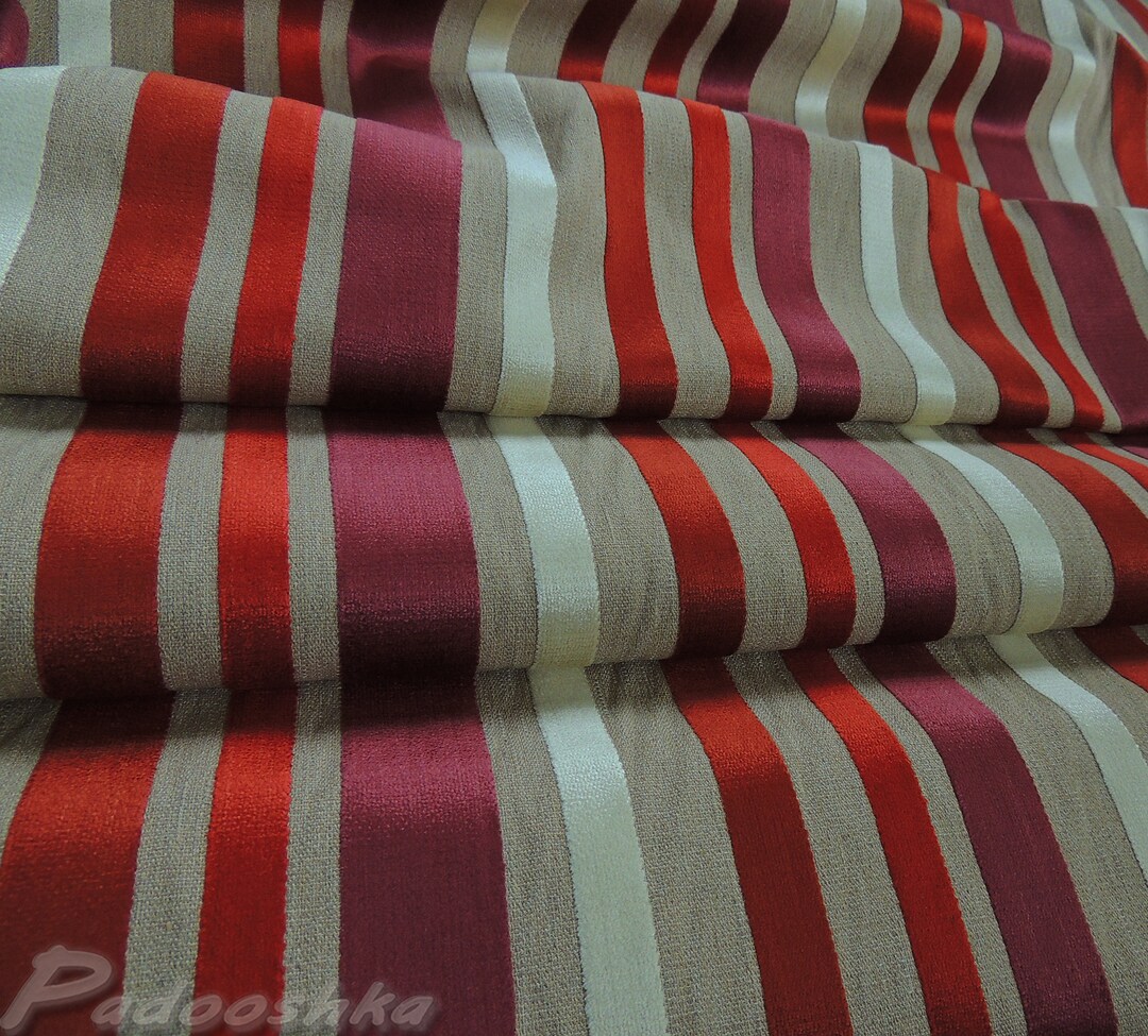 Striped Chenille Fabric Remnant, Raspberry Red & Taupe, Upholstery ...