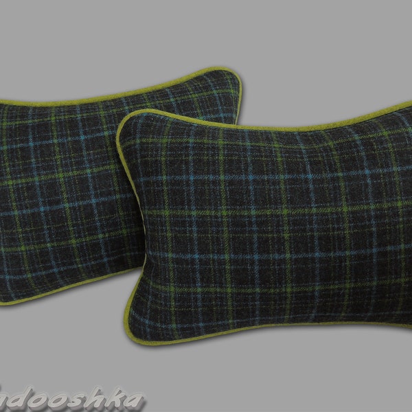 Coussin rectangulaire à carreaux bleu marine Petit coussin oblong en laine Décoration écossaise bleu anthracite vert citron Coussin lombaire Abraham Moon tweed