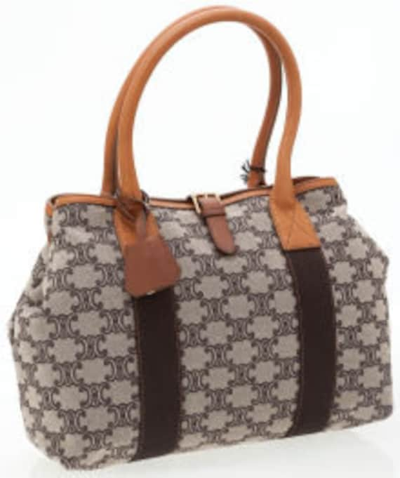 CELINE Classic Monogram Canvas Shopper Bag with Brown Leather